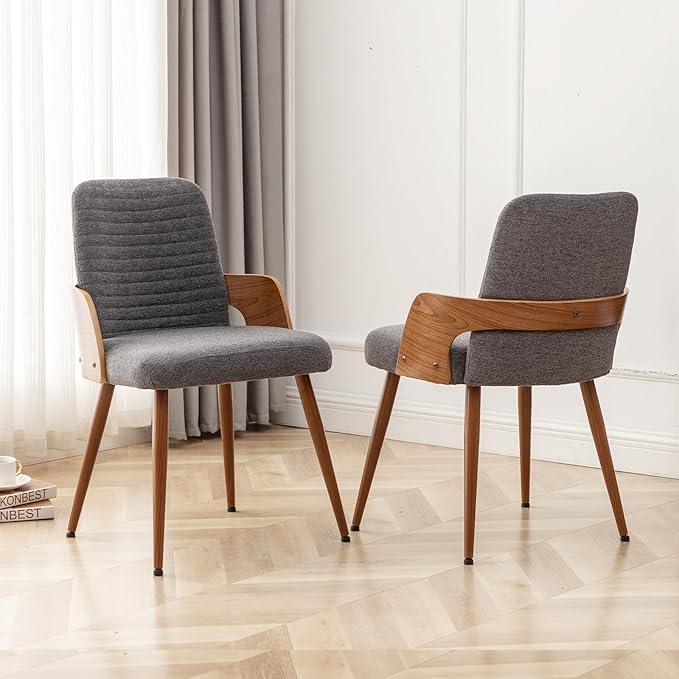 Dining Room Chairs Set of 4,Mid Century Modern Kitchen Chairs,Upholstered Chairs,Metal Legs Wooden Desk Chairs,Armless and No Wheels for Kitchen Dining Living Room,Gray Fabric