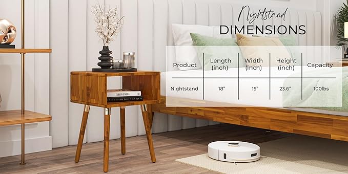 Bme Dinkee Solid Wood Nightstand Bedside Table Without Drawer for Mid Century Bedroom and Living Room, Caramel