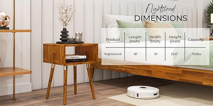 Bme Dinkee Solid Wood Nightstand Bedside Table Without Drawer for Mid Century Bedroom and Living Room, Caramel