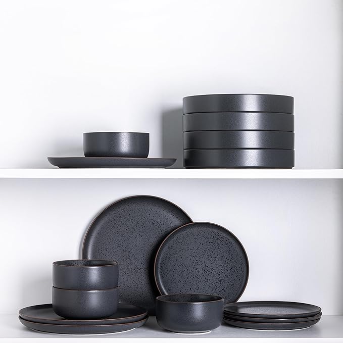 LERATIO Stoneware Dinnerware Sets for 6,Handcarft Ceramic Plates and Bowls Sets,Chip and Scratch Resistant Dishes, Dishwasher & Microwave Safe, Oven safe,Reactive Glaze-Speckled Ashen