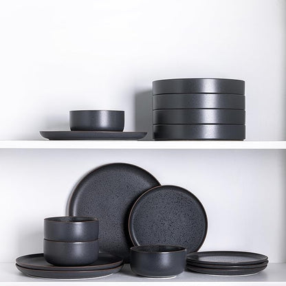 LERATIO Stoneware Dinnerware Sets for 6,Handcarft Ceramic Plates and Bowls Sets,Chip and Scratch Resistant Dishes, Dishwasher & Microwave Safe, Oven safe,Reactive Glaze-Speckled Ashen