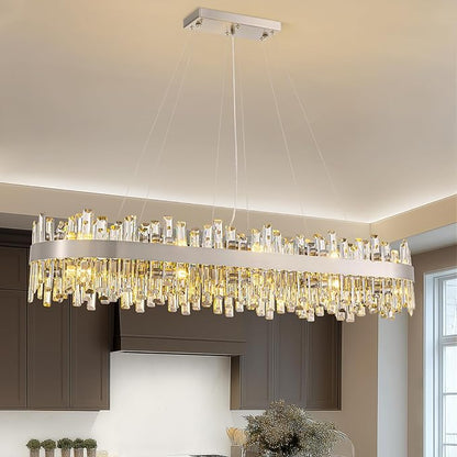 Siljoy Large Rectangular Crystal Chandelier, Modern Oval Brushed Nickel 2-Tiers K9 Crystal Raindrop Chandelier Ceiling Light for Dining Room, Living Room Kitchen Island Bar, E12 x 20, L52''