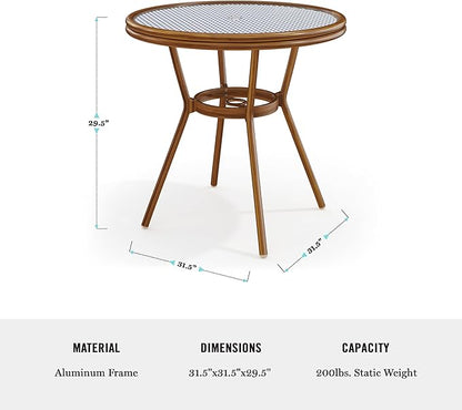 Martha Stewart Lily Pond 31” Round Indoor-Outdoor Bistro Dining Table with Aluminum Frame in Natural Woodgrain and Rattan Top in White/Navy with Tempered Glass Top