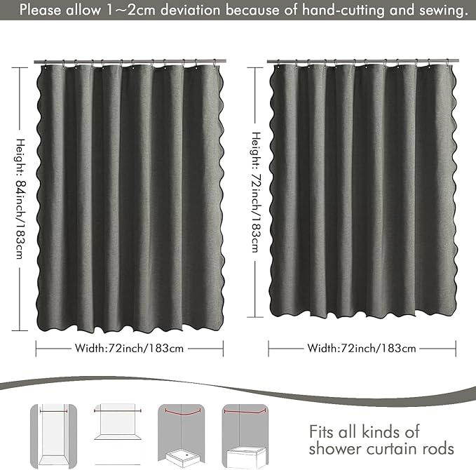 MIULEE Charcoal Grey Scalloped Shower Curtain Linen Textured with 12 Metal Hooks Cute Heavy Duty Washable Waterproof Thick Cloth Shower Curtains with Black Border for Bathroom Hotel Bathtub,W72*L72