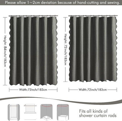 MIULEE Charcoal Grey Scalloped Shower Curtain Linen Textured with 12 Metal Hooks Cute Heavy Duty Washable Waterproof Thick Cloth Shower Curtains with Black Border for Bathroom Hotel Bathtub,W72*L72