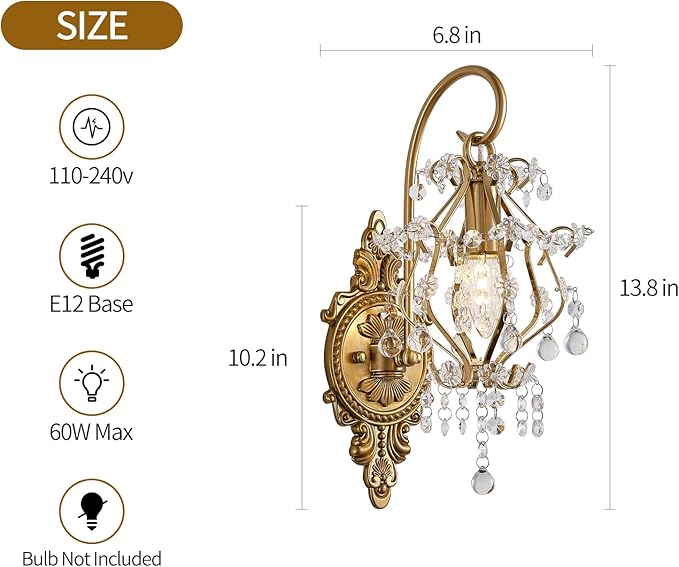 Gold Crystal Vintage Wall Sconces Indoor Hardwired Wall Light Fixture, Modern Wall Mount Lamp Light for Bedroom Living Room Bathroom Vanity Light Hallway Light Fixture Decor LED E12