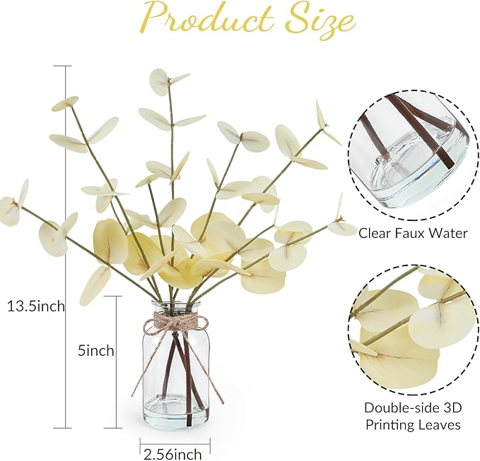 Artificial Eucalyptus Stems in Glass Vase with Faux Water, 14" Fake Plants for Home Decor Centerpieces, Office, Bathroom & Farmhouse Weddings - Faux Plants Decorations