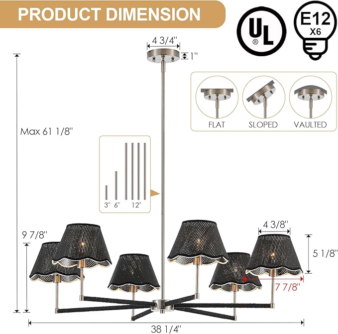 39" Boho Rattan Chandelier Large Adjustable Modern Black and Brushed Nickel Pendant Light for Kitchen Island Dining Living Room, UL Listed