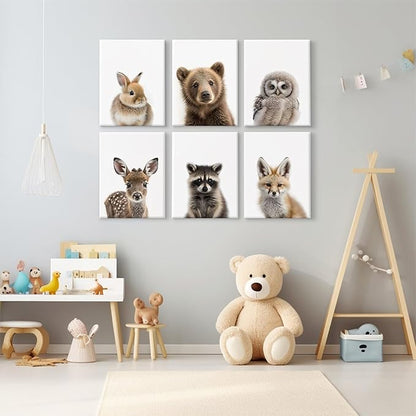 Nursery Animal Wall Art Pictures Baby Safari Canvas Wall Decor Jungle Woodland Wall Art Cute Animal Prints Paintings Nursery Kids Posters for Boys Girls Room Bedroom 12x16 Inch Wrapped Canvas Set of 6