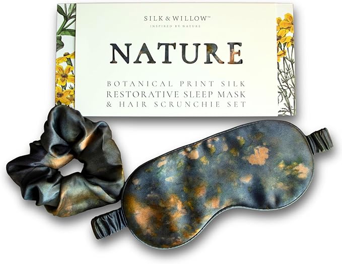 Silk & Willow 100% Pure Mulberry Silk Sleep Eye Mask & Hair Scrunchie Gift Set (Midnight)
