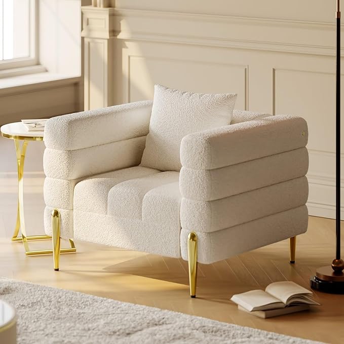 homary White Accent Chair, Mid Century Boucle Upholstered Armrest Chair for Bedroom, Comfy for Living Room, Reading, Office (White)
