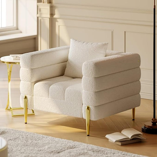 homary White Accent Chair, Mid Century Boucle Upholstered Armrest Chair for Bedroom, Comfy for Living Room, Reading, Office (White)