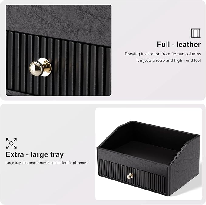 Desk Accessories,Black Vegan Leather Desk Organizers with 1 Draw Remote Control Holder with Gold-Tone Metal Accents Knob for End Tables,Bedside Table,Bedroom