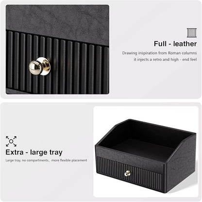 Desk Accessories,Black Vegan Leather Desk Organizers with 1 Draw Remote Control Holder with Gold-Tone Metal Accents Knob for End Tables,Bedside Table,Bedroom