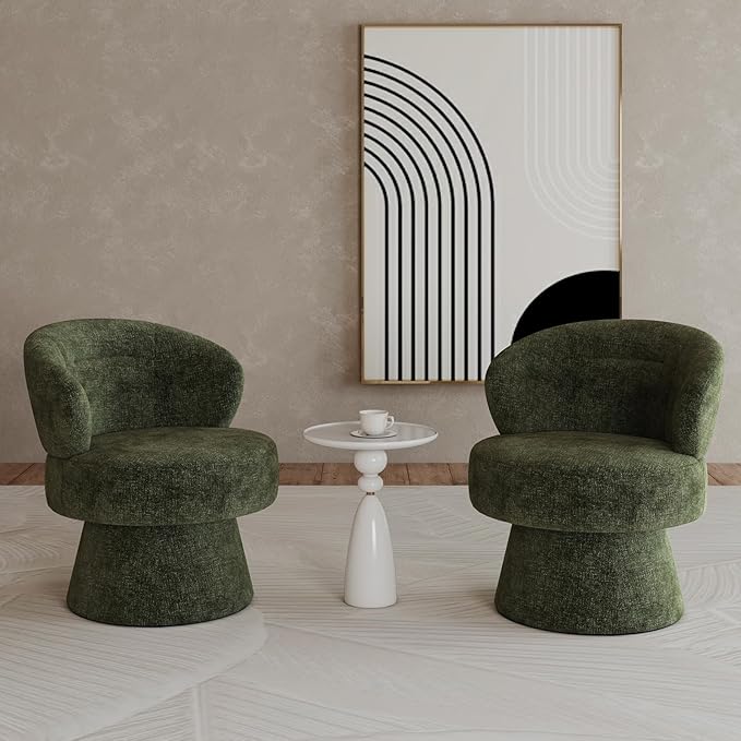 360° Swivel Accent Chairs Set of 2, Modern Chenille Upholstered Boucle Dining Chair with Back, Vanity Chair Accent Armchair Side Chairs for Dining/Living Room, Bedroom, Green