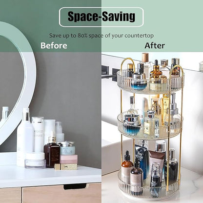 Rotating Makeup Organizer Countertop 3 Tier Lazy Susan Clear Skincare Perfume Storage for Bathroom Counter Vanity, Transparent