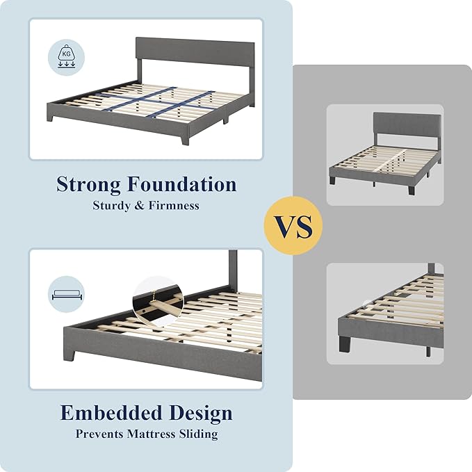 Allewie King Size Bed Frame with Adjustable Headboard, Upholstered Platform Bed with Wood Slats, Heavy Duty Mattress Foundation, No Box Spring Needed, Noise-Free, Easy Assembly, Dark Grey