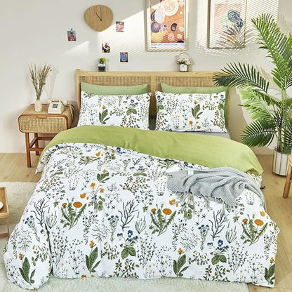 CLOTHKNOW Green Floral Full Size Comforter Sets 3Pcs Boho Bedding Comforter Sets Botanical Comforter with 2 x Pillow Cases