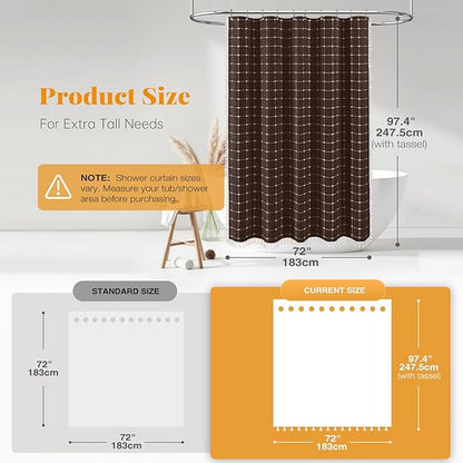 BTTN Extra Long Shower Curtain - 72x96 Inch Long Boho Chic Linen Fabric Heavy Duty Shower Curtain Set with Hooks, Tall Bohemian Farmhouse Shabby Chic Tassel Cloth Shower Curtains for Bathroom - Brown