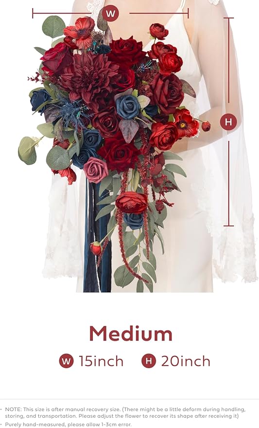 Ling's moment Navy Blue Burgandy Bridal Bouquet Cascading, Jewel Tone Wedding Bouquets for Bride, 15 Inch Bride Bouquets for Wedding Artificial Flowers Bouquets