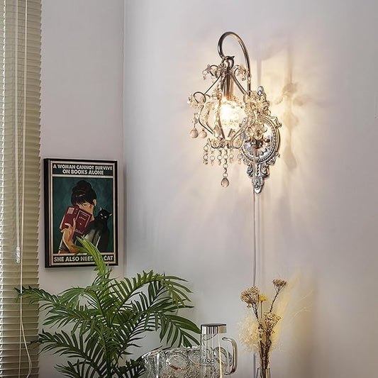 Silver Crystal Vintage Plug in Wall Sconces Set of 2 Indoor Wall Light Fixture, Modern Wall Mount Lamp Light for Bedroom Living Room Bathroom Vanity Light Hallway Light Fixture Decor LED E12