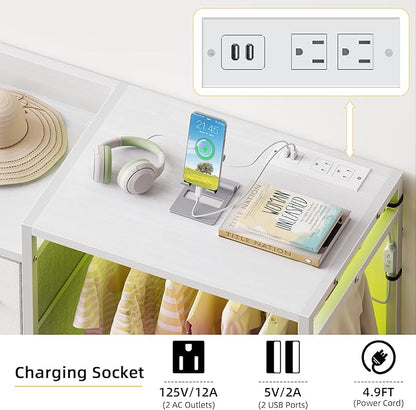 Hanging Rack 8 Drawer Dresser Charging Station & LED Lights, White Kids Chest of Fabric Drawers, White