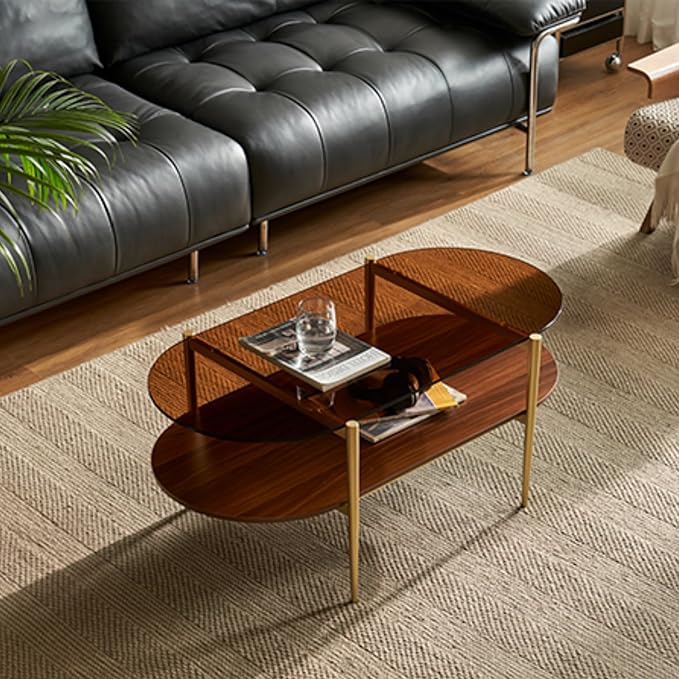 Saint Mossi Oval Glass Coffee Table for Small Living Room, Double Layer Glass and Wood Center Table, Brown Glass & Coffee Brown MDF Bottom Shelf, 41”x21 x17, Gold Table Legs