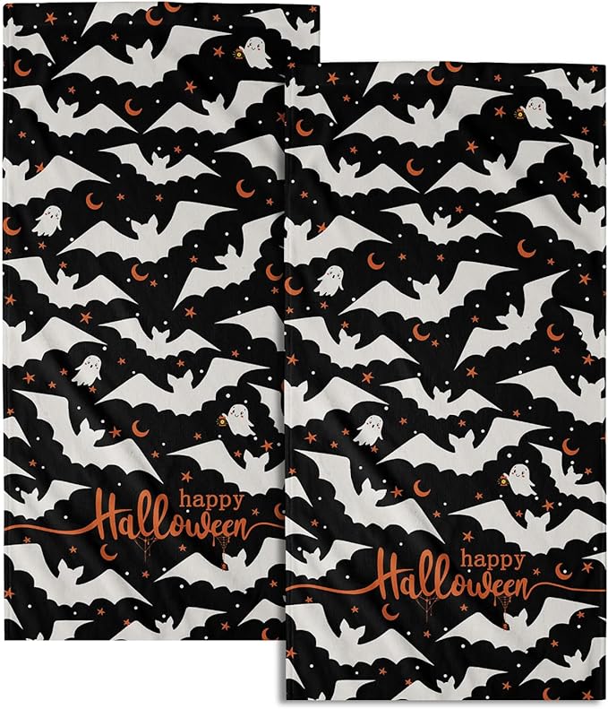 Happy Halloween Hand Towels Set of 2 Absorbent Holiday Kitchen Towels Decorative White Bat Ghost Orange Star Moon