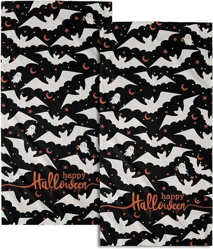 Happy Halloween Hand Towels Set of 2 Absorbent Holiday Kitchen Towels Decorative White Bat Ghost Orange Star Moon