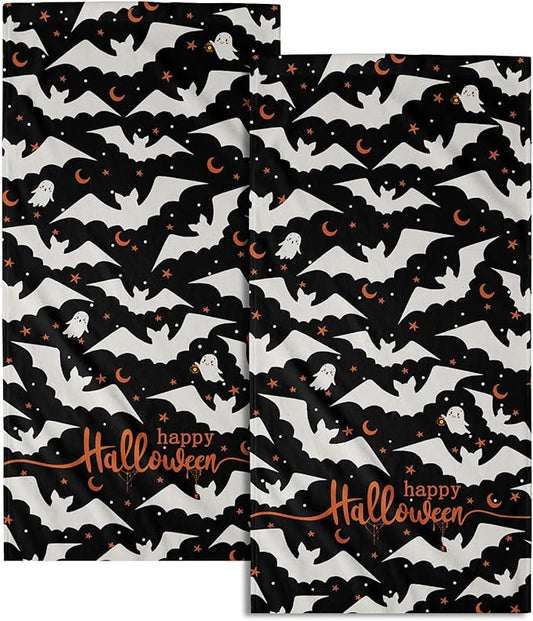 Happy Halloween Hand Towels Set of 2 Absorbent Holiday Kitchen Towels Decorative White Bat Ghost Orange Star Moon