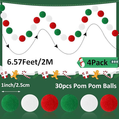 MARFOREVER 4 Pack 26.3 Feet Christmas Pom Pom Garland Ornaments Red White Green 30 Balls Garlands Christmas Felt Garland Hanging Supplies for Xmas School Classroom Fireplace Wall Home Party Decor