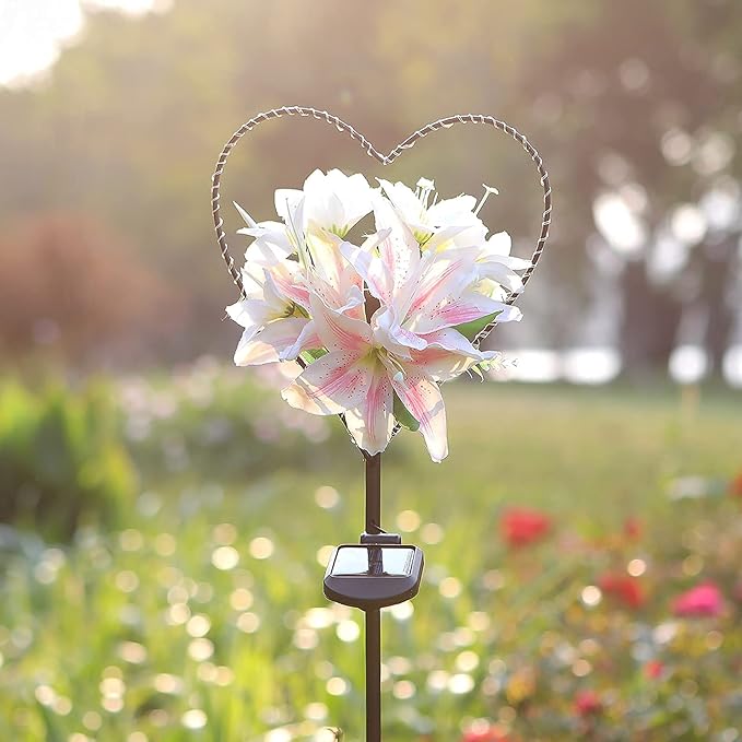 Starryfill Garden Solar Lights Outdoor Heart-Shaped with White Lily Flowers, Metal Stake Lights with 25led Warm White Decorative for Remembrance Gifts Cemetery Decorations Birthday's Day