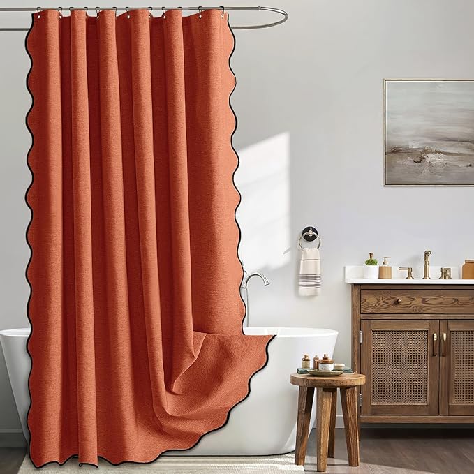 MIULEE 84" Long Scalloped Shower Curtain Linen Textured with 12 Metal Hooks Cute Extra Long Heavy Duty Washable Waterproof Cloth Curtains with Black Border for Bathroom Hotel Bathtub,Burnt Orange