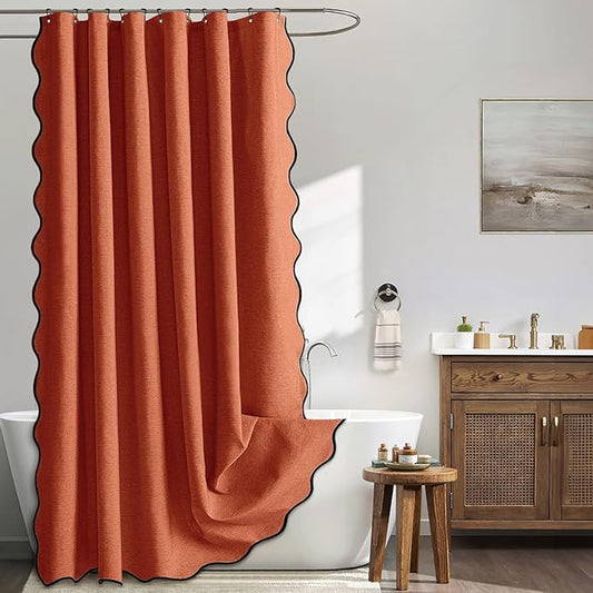 MIULEE 84" Long Scalloped Shower Curtain Linen Textured with 12 Metal Hooks Cute Extra Long Heavy Duty Washable Waterproof Cloth Curtains with Black Border for Bathroom Hotel Bathtub,Burnt Orange