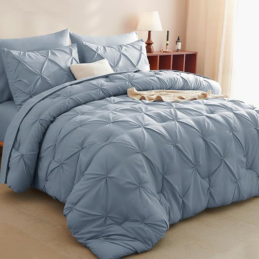 CozyLux King Size Comforter Set Grayish Blue, 7 Pieces Pintuck Bed in A Bag Blue Comforter King Size, Pinch Pleat Bedding Set with All Season Comforter, Sheets, Pillowcases & Shams