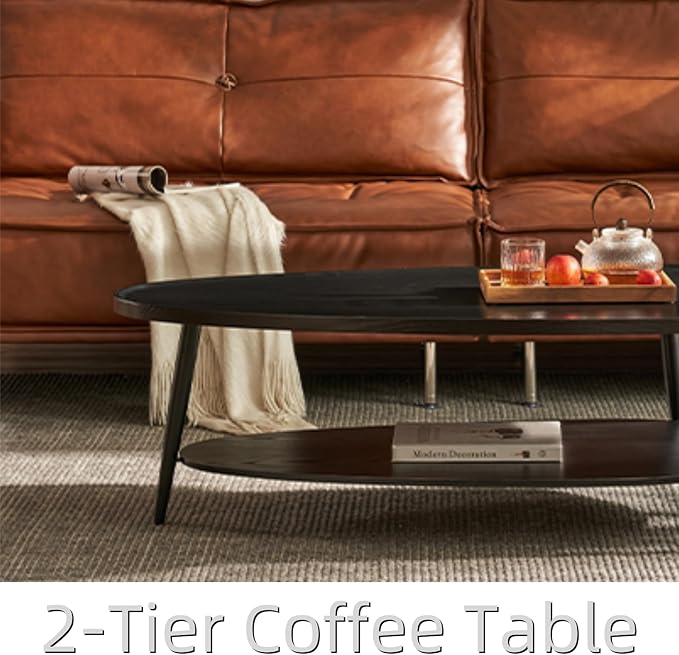 Saint Mossi Modern Black Coffee Table for Living Room, Mid-Century Oval Wood Coffee Table, Double Layer Center Table for Small Space, D47xW23.6xH15
