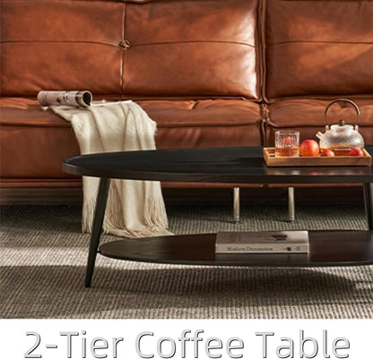 Saint Mossi Modern Black Coffee Table for Living Room, Mid-Century Oval Wood Coffee Table, Double Layer Center Table for Small Space, D47xW23.6xH15