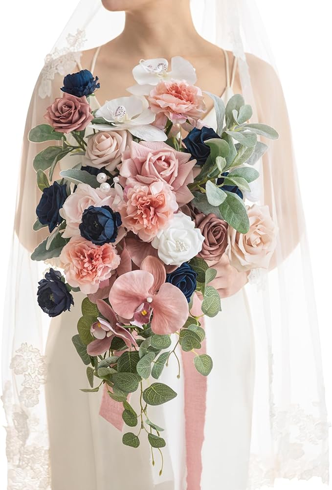 Ling's moment Dusty Rose Navy Blue Bridal Bouquet Cascading, Pink and Blue Wedding Bouquets for Bride, 15 Inch Silk Artificial Wedding Flower Bouquet