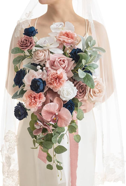 Ling's moment Dusty Rose Navy Blue Bridal Bouquet Cascading, Pink and Blue Wedding Bouquets for Bride, 15 Inch Silk Artificial Wedding Flower Bouquet