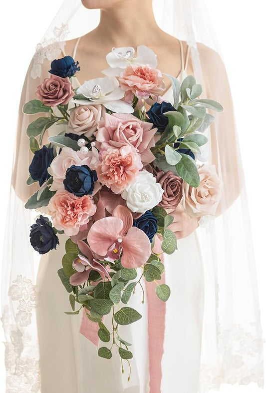Ling's moment Dusty Rose Navy Blue Bridal Bouquet Cascading, Pink and Blue Wedding Bouquets for Bride, 15 Inch Silk Artificial Wedding Flower Bouquet