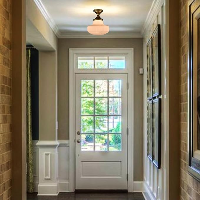 CLAXY Modern Gold Schoolhouse Ceiling Light Semi-Flush Mount Ceiling Light Fixture Milk Glass Lamp for Hallway Entryway Bedroom Kitchen