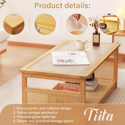 Tiita Coffee Tables for Living Room，Mid Century Modern Storage 2-Tier Coffee Tables，Rattan Glass RectangleTables，Suitable for Living Room Apartment，Wood