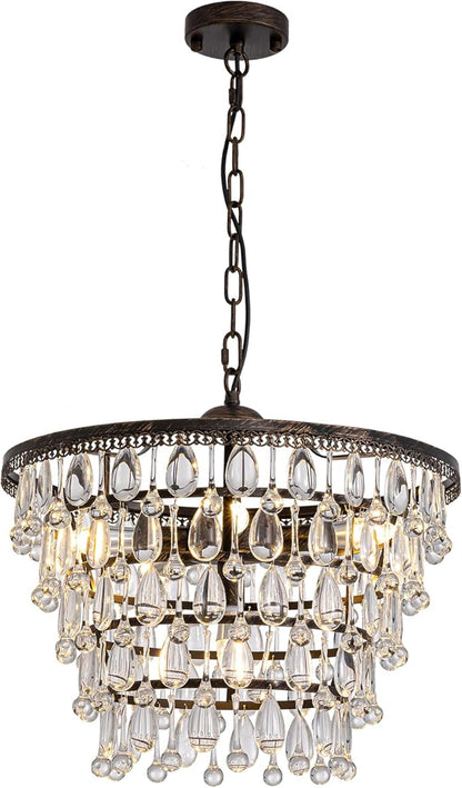 Vintage Crystal Chandeliers for Dining Room Light Fixture, 6-Light 5-Tier Antique Bronze Chandelier for Kitchen Island Bar Living Room Foyer Entryway, D20 xH17