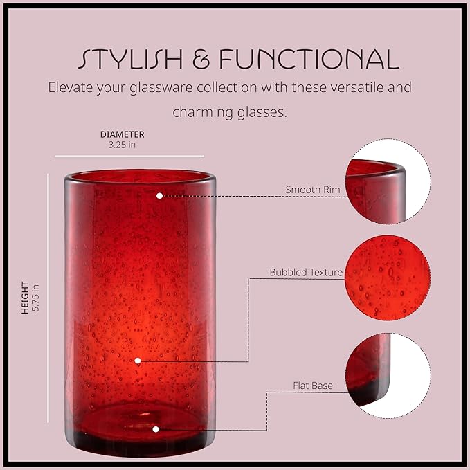 Artland 17oz Highball Tumbler, Set of 4 | Iris Seeded Design, Ruby Red | Drinking Glass for Parties and Everyday Use - Mojito, Whiskey, Cocktail | Glassware & Kitchenware Essentials