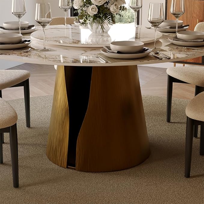 POVISON Round Dining Table for 6, 59" Modern Dining Room Table, Pandora Sintered Stone Tabeltop with Bronze Carbon Steel Pedestal (Dining Table Only)