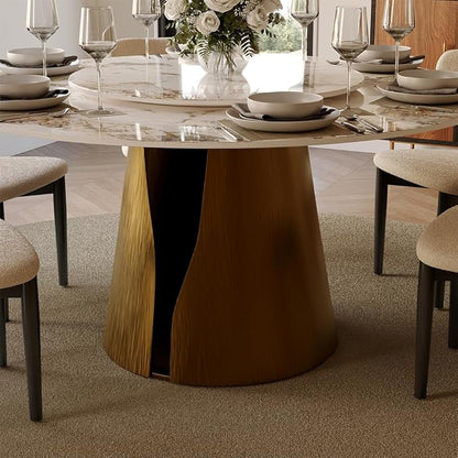 POVISON Round Dining Table for 6, 59" Modern Dining Room Table, Pandora Sintered Stone Tabeltop with Bronze Carbon Steel Pedestal (Dining Table Only)