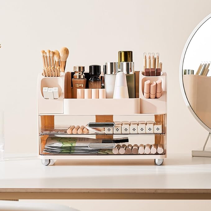 Makeup Organizer for Vanity with 2 Large Drawers, Cosmetic Display Case with Brush Holders, Easy to Storage for Bathroom Countertop Skincare, Desk Office Supplies, Cream White