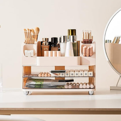 Makeup Organizer for Vanity with 2 Large Drawers, Cosmetic Display Case with Brush Holders, Easy to Storage for Bathroom Countertop Skincare, Desk Office Supplies, Cream White