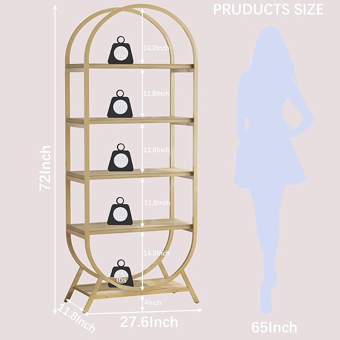 Arched Bookshelf,5-Tier Tall Wide Open Bookshelf,Modern Brown Storage Display Rack Shelving Unit for Office, Bedroom, Living Room, Easy Assembly, Gold and Nature Wood