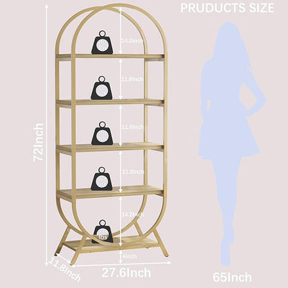 Arched Bookshelf,5-Tier Tall Wide Open Bookshelf,Modern Brown Storage Display Rack Shelving Unit for Office, Bedroom, Living Room, Easy Assembly, Gold and Nature Wood